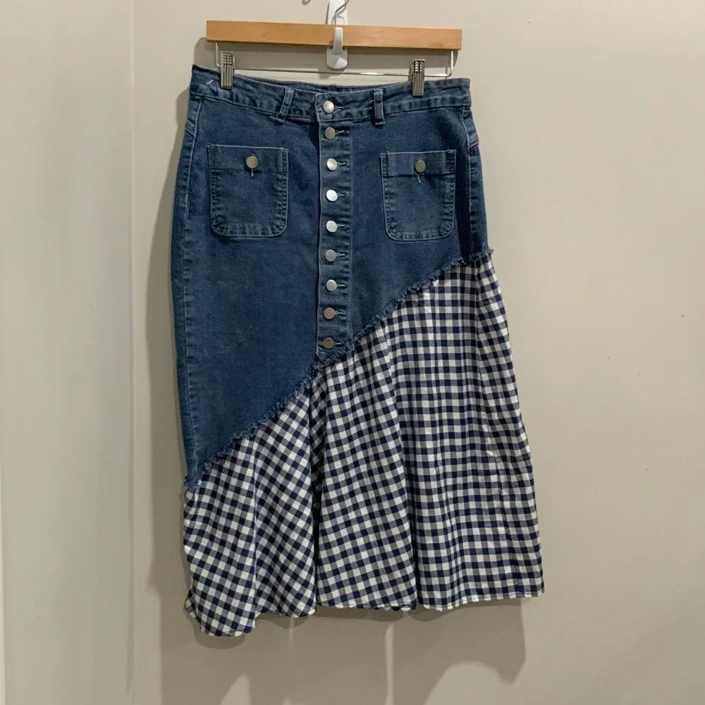 Blue Denim Gingham Mixed Media Asymmetrical Button Front Midi Skirt Cottagecore